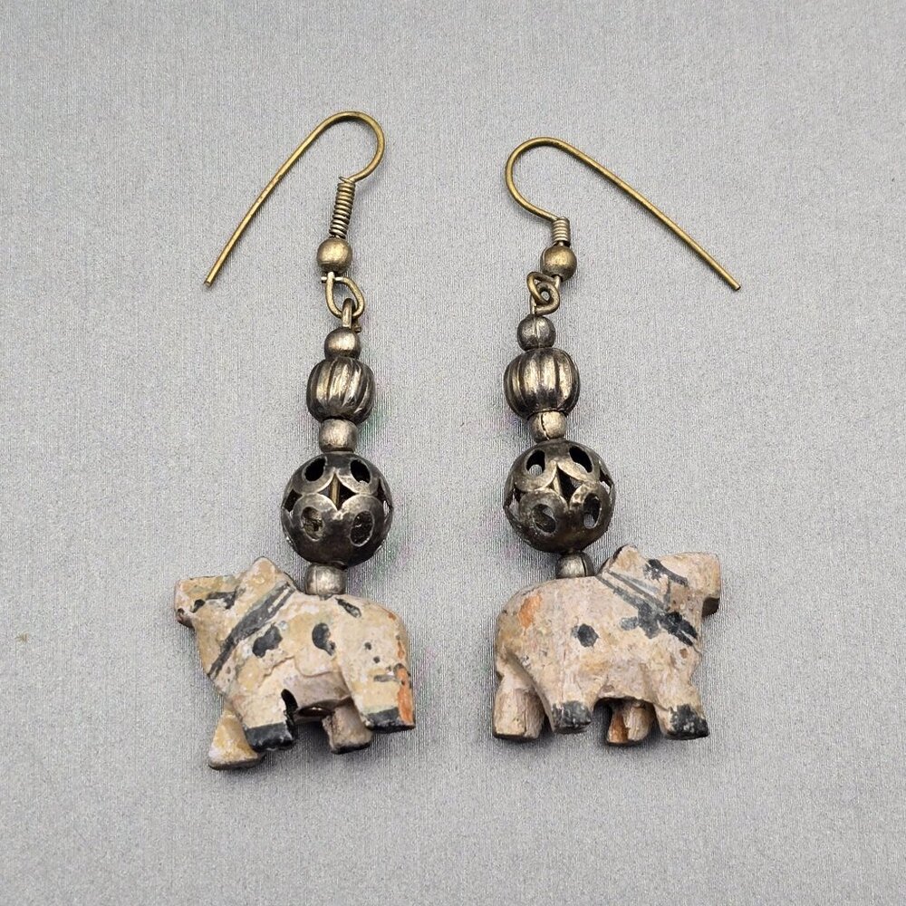 VTG Elephant Dangle Earrings 2.25" Carved Wood & Antique-Style Silver Beads - Picture 3 of 11